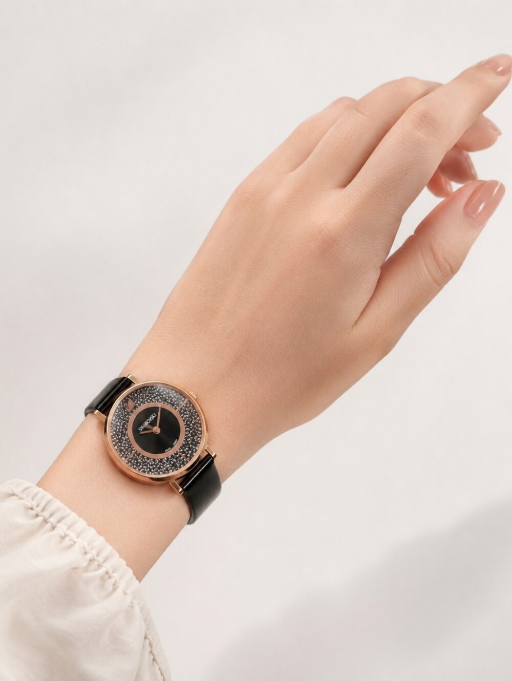 Swarovski Crystalline Black Leather Watch Rose Gold Tone